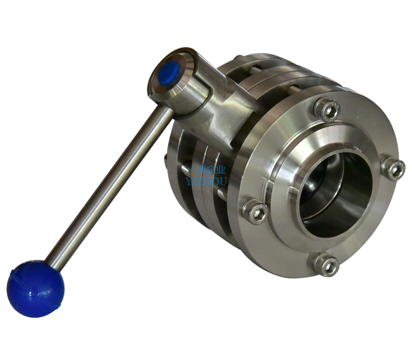 Sanitation grade three-piece butterfly valve